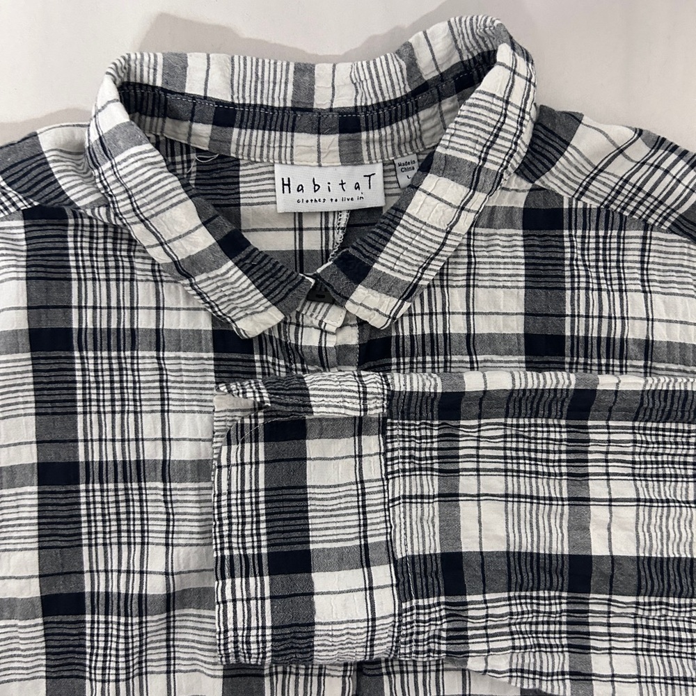 Habitat women Large Black White Check Shirt 3/4 Sleeve Lagenlook *Flaw